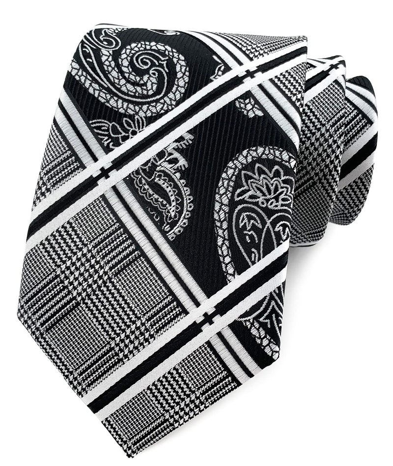 Elfeves Men's Black and White Ties Geometric Plaids Striped Patterned Wedding Neckties - Image 1